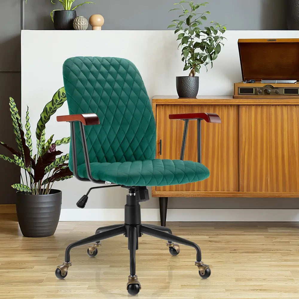 Velvet Home Office Chair with Wooden Armrest-Green - Green - Leisure Chairs