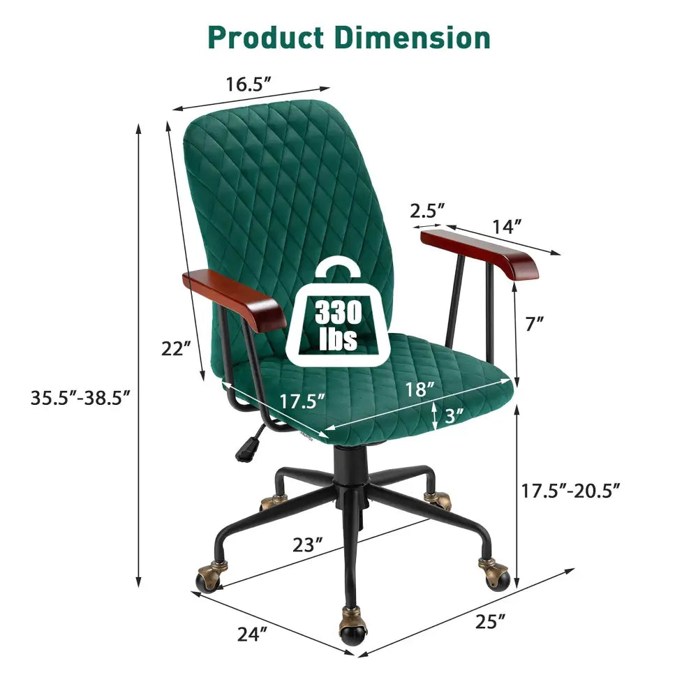 Velvet Home Office Chair with Wooden Armrest-Green - Green - Leisure Chairs