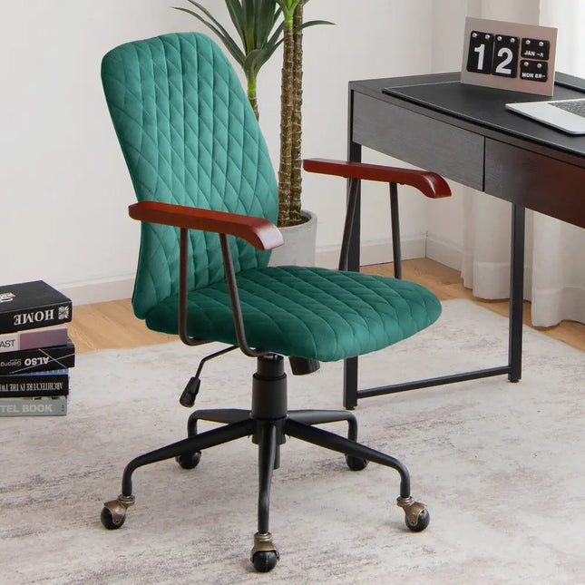 Green office chair in a room with a desk and books.