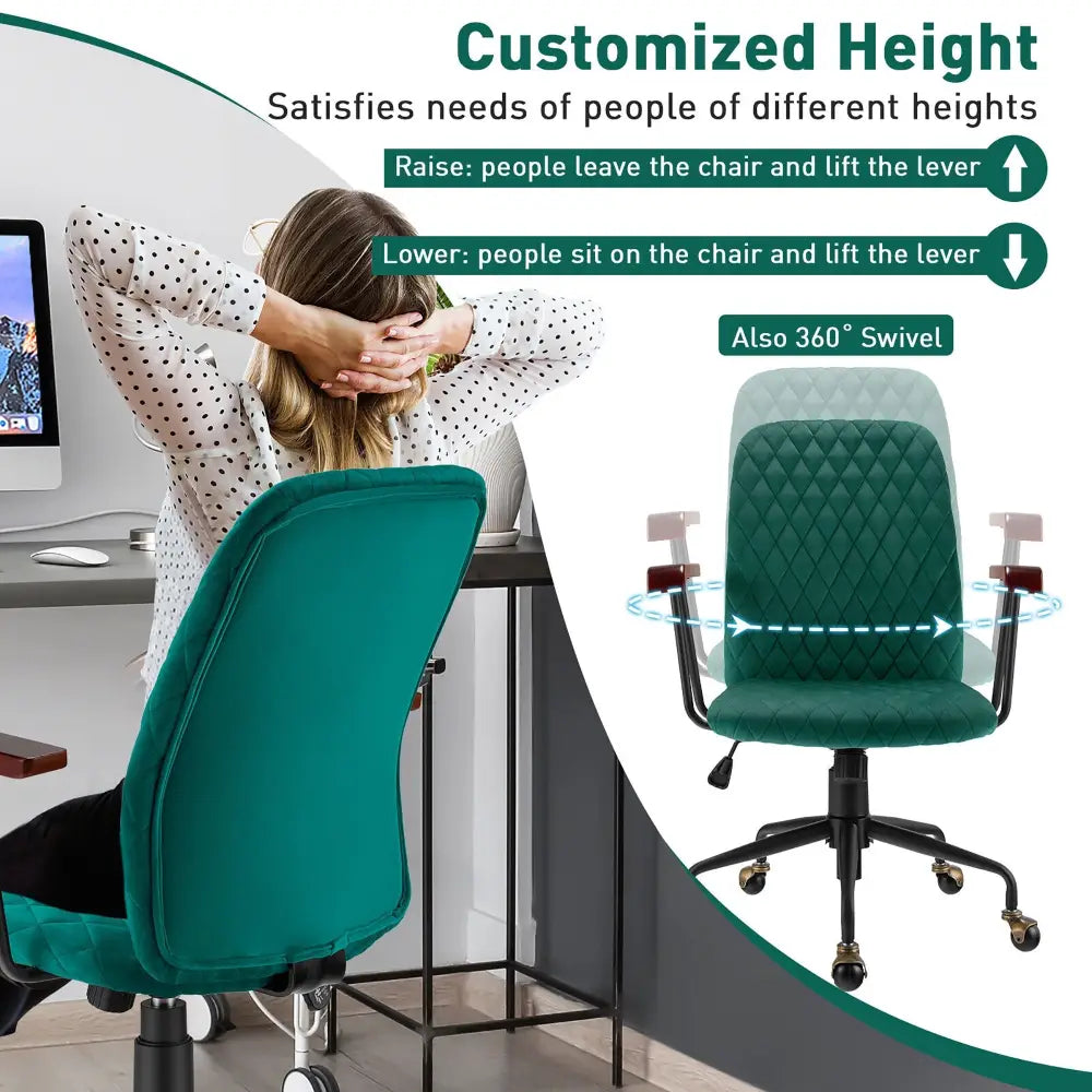 Velvet Home Office Chair with Wooden Armrest-Green - Green - Leisure Chairs
