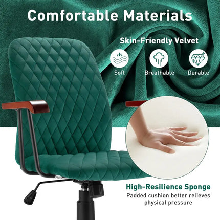 Velvet Home Office Chair with Wooden Armrest-Green - Green - Leisure Chairs