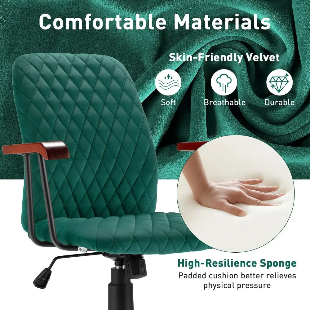 Velvet Home Office Chair with Wooden Armrest-Green - Green - Leisure Chairs