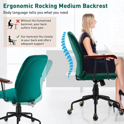 Velvet Home Office Chair with Wooden Armrest-Green - Green - Leisure Chairs