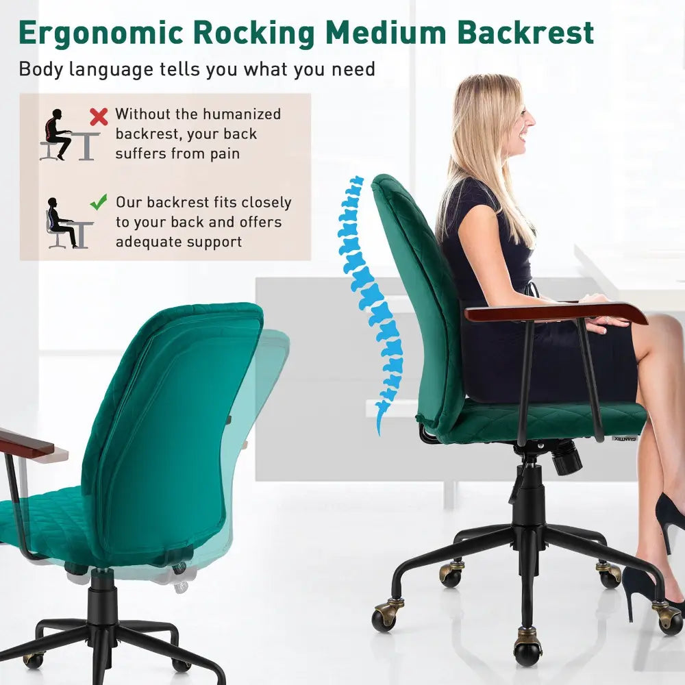 Velvet Home Office Chair with Wooden Armrest-Green - Green - Leisure Chairs