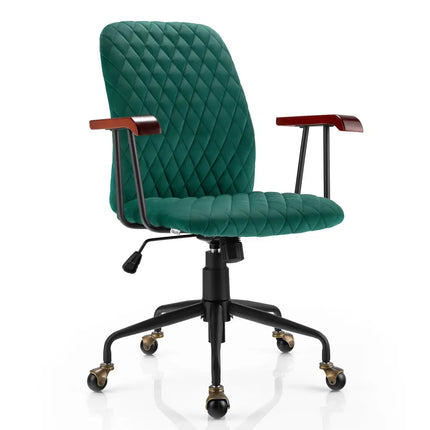 Velvet Home Office Chair with Wooden Armrest-Green - Green - Leisure Chairs