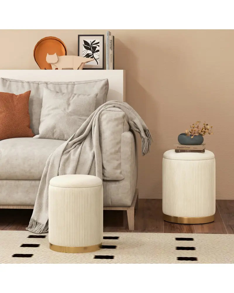 Velvet/Linen Fabric Storage Ottoman Set of 2-Golden - Golden - Ottomans