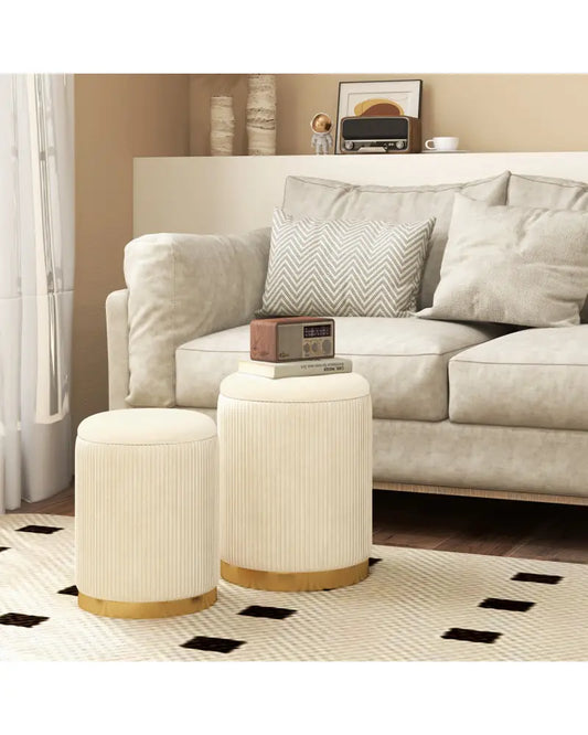 Velvet/Linen Fabric Storage Ottoman Set of 2-Golden - Golden - Ottomans