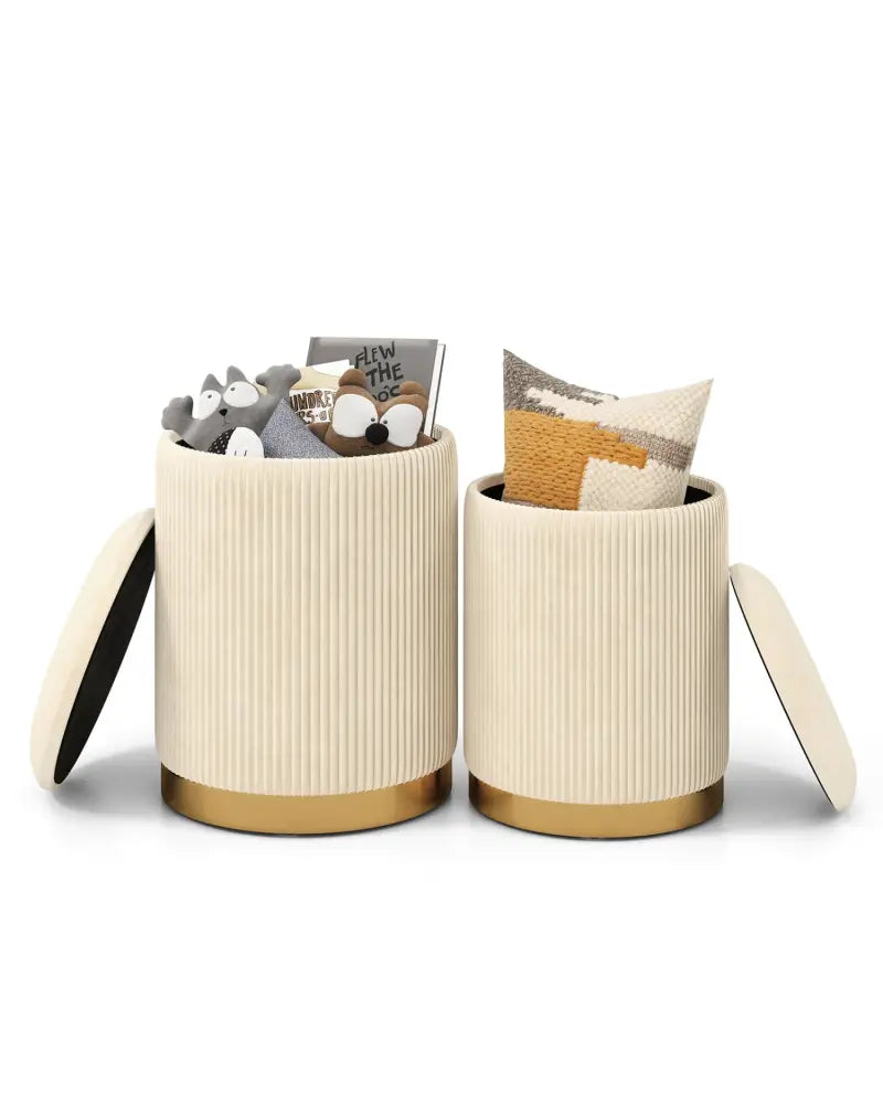 Velvet/Linen Fabric Storage Ottoman Set of 2-Golden - Golden - Ottomans