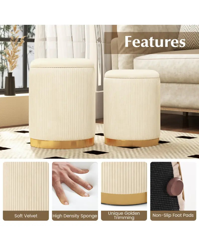 Velvet/Linen Fabric Storage Ottoman Set of 2-Golden - Golden - Ottomans