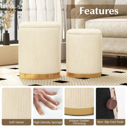 Velvet/Linen Fabric Storage Ottoman Set of 2-Golden - Golden - Ottomans