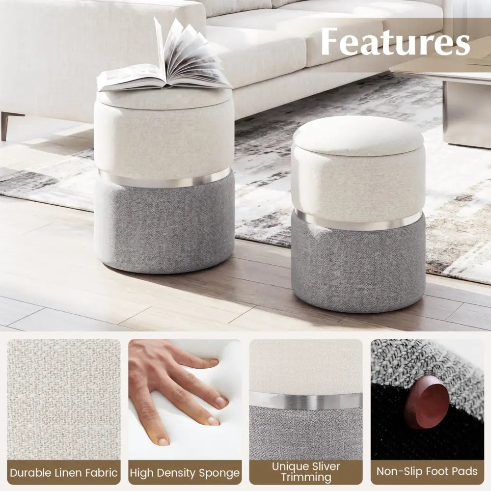 Velvet/Linen Fabric Storage Ottoman Set of 2-Gray - Gray - Ottomans