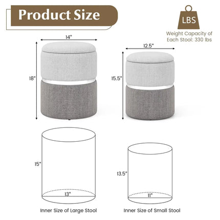 Velvet/Linen Fabric Storage Ottoman Set of 2-Gray - Gray - Ottomans