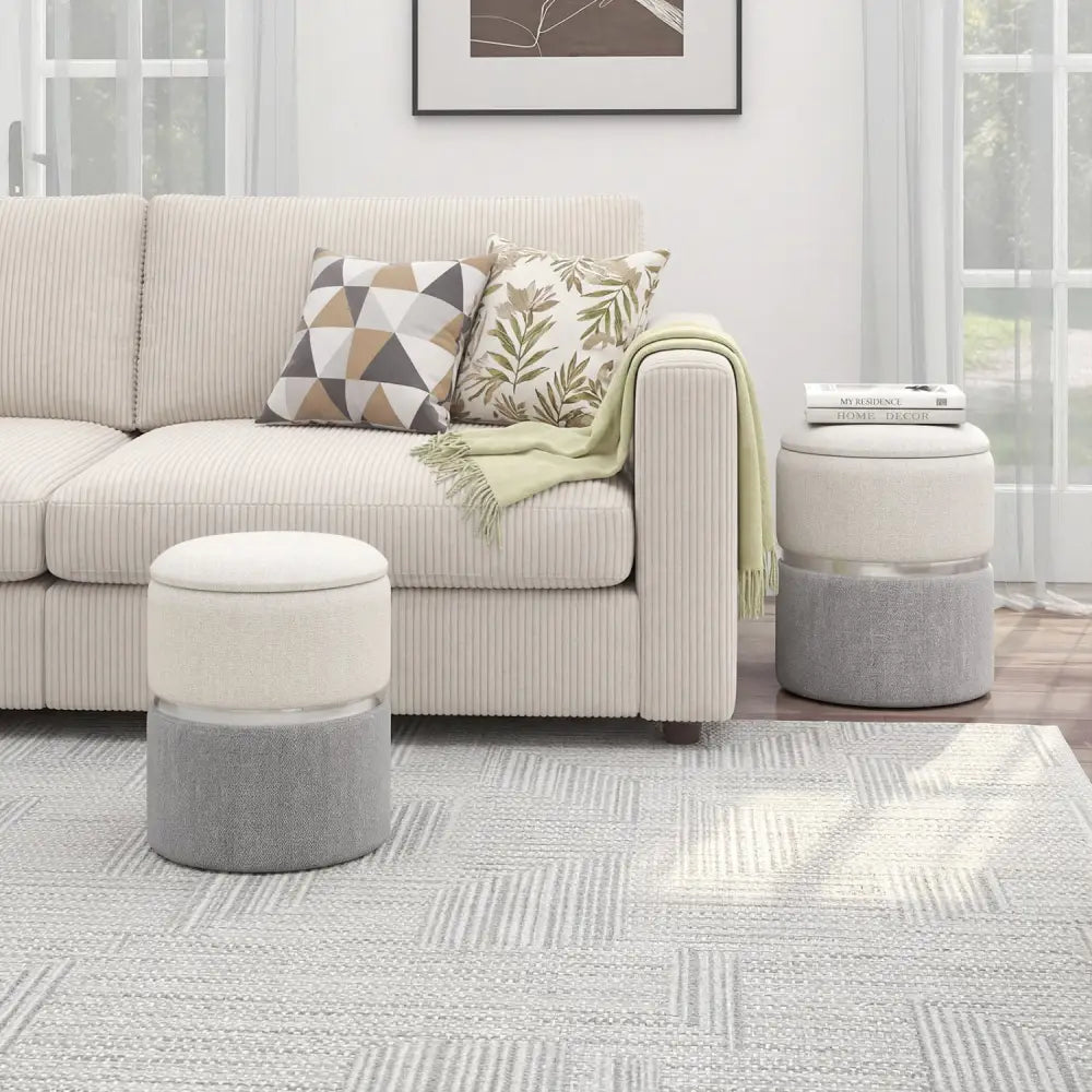 Velvet/Linen Fabric Storage Ottoman Set of 2-Gray - Gray - Ottomans
