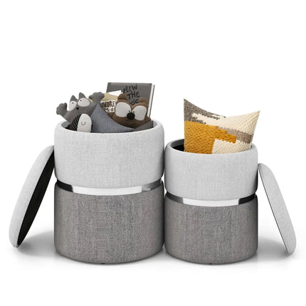Velvet/Linen Fabric Storage Ottoman Set of 2-Gray - Gray - Ottomans