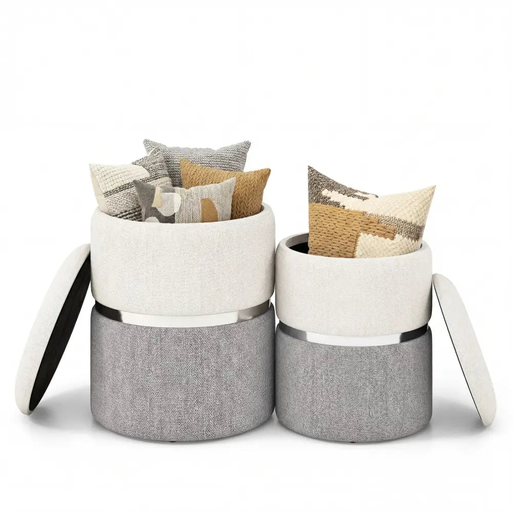 Velvet/Linen Fabric Storage Ottoman Set of 2-Gray - Gray - Ottomans