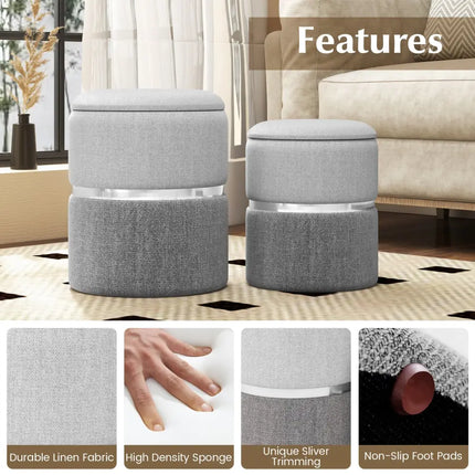 Velvet/Linen Fabric Storage Ottoman Set of 2-Gray - Gray - Ottomans