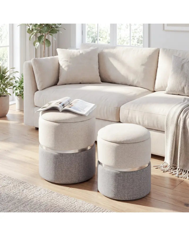Velvet/Linen Fabric Storage Ottoman Set of 2-Gray - Gray - Ottomans