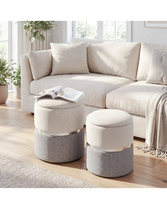 Velvet/Linen Fabric Storage Ottoman Set of 2-Gray - Gray - Ottomans