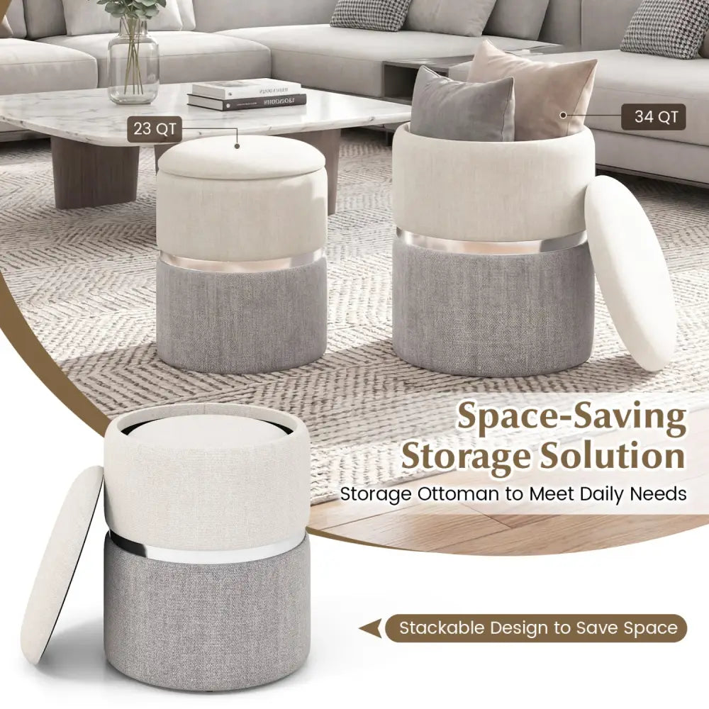 Velvet/Linen Fabric Storage Ottoman Set of 2-Gray - Gray - Ottomans