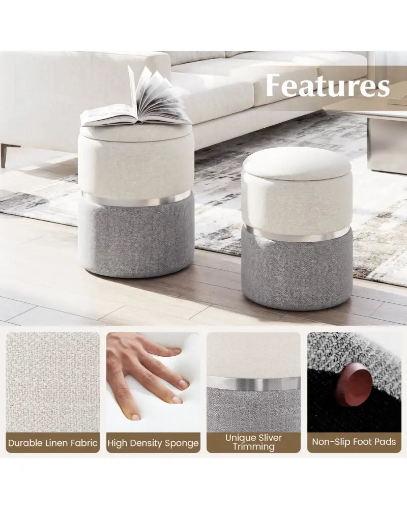 Velvet/Linen Fabric Storage Ottoman Set of 2-Gray - Gray - Ottomans