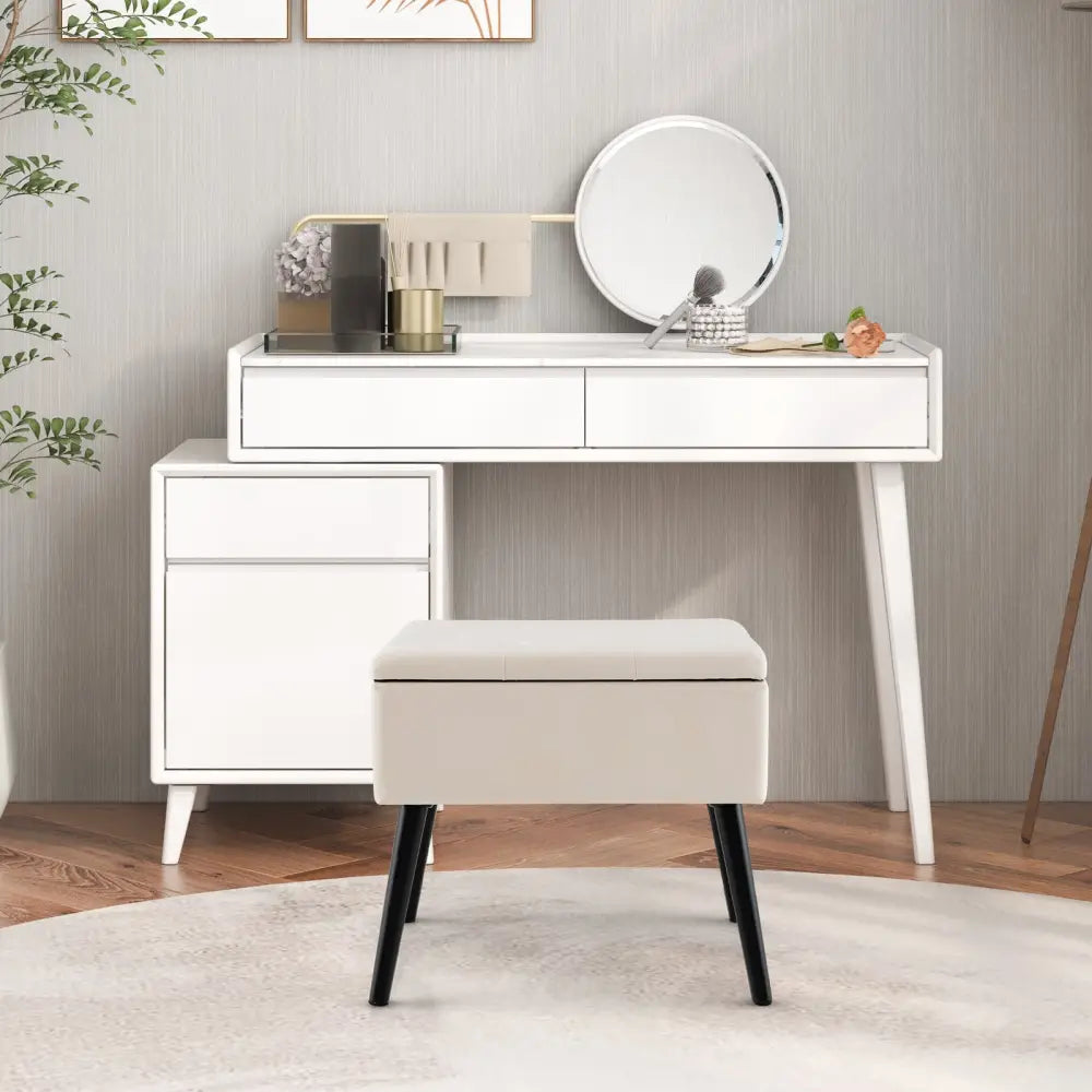 Velvet Storage Ottoman with Solid Wood Legs for Living Room Bedroom-Beige - Beige - Ottomans