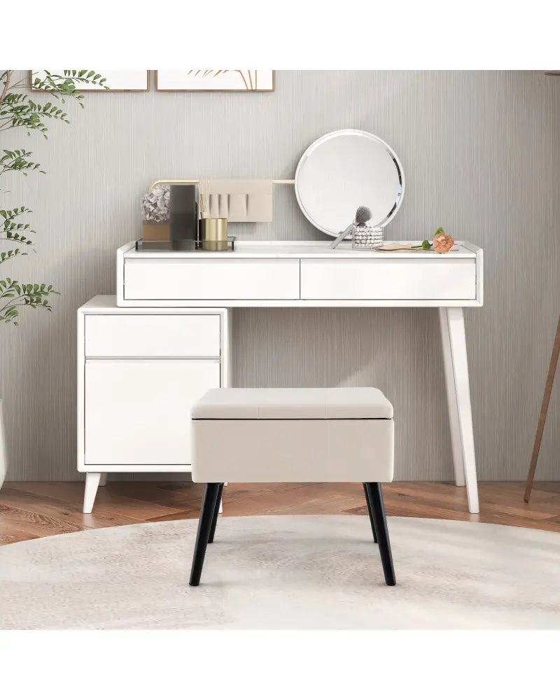 Velvet Storage Ottoman with Solid Wood Legs for Living Room Bedroom-Beige - Beige - Ottomans