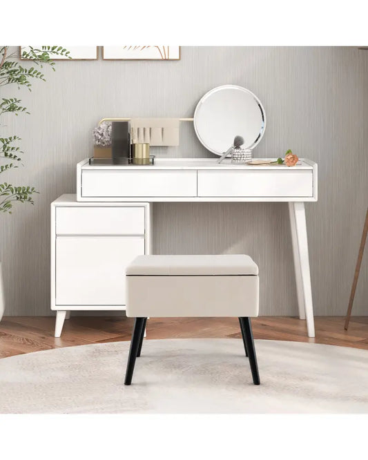 Velvet Storage Ottoman with Solid Wood Legs for Living Room Bedroom-Beige - Beige - Ottomans