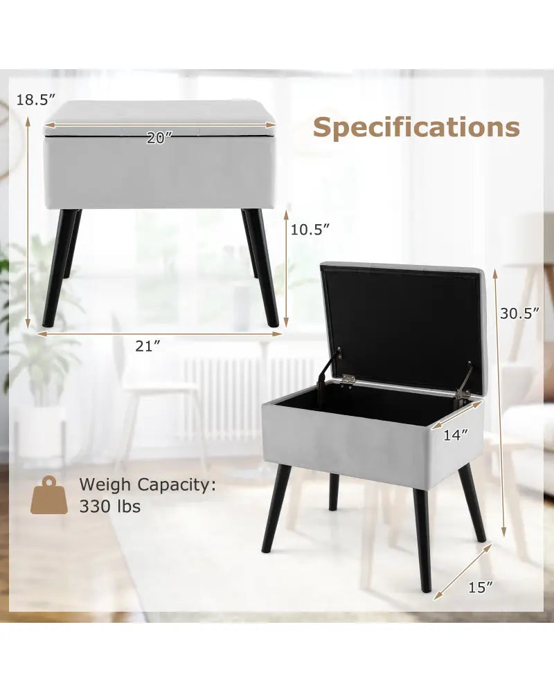 Velvet Storage Ottoman with Solid Wood Legs for Living Room Bedroom-Gray - Gray - Ottomans