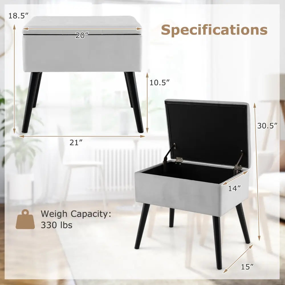 Velvet Storage Ottoman with Solid Wood Legs for Living Room Bedroom-Gray - Gray - Ottomans
