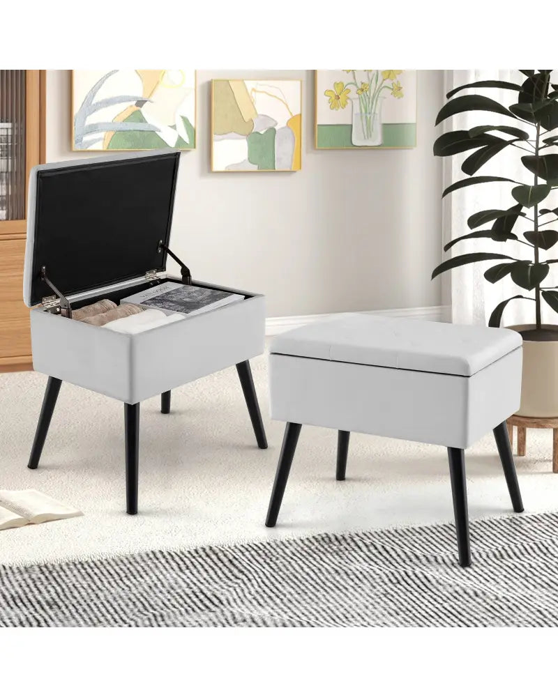 Velvet Storage Ottoman with Solid Wood Legs for Living Room Bedroom-Gray - Gray - Ottomans