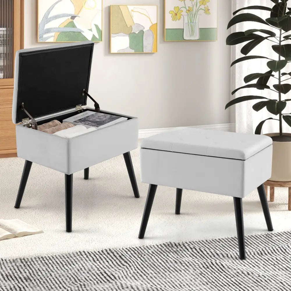 Velvet Storage Ottoman with Solid Wood Legs for Living Room Bedroom-Gray - Gray - Ottomans