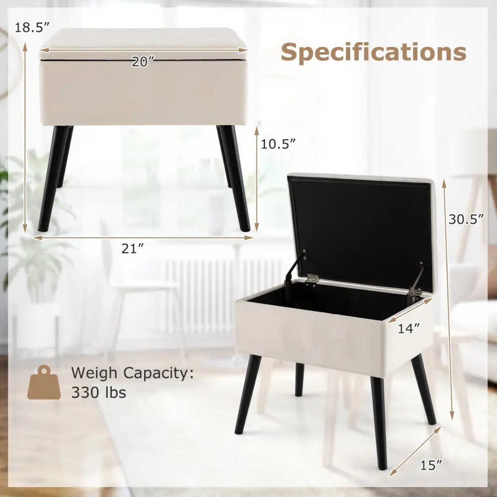 Velvet Storage Ottoman with Solid Wood Legs for Living Room Bedroom-Beige - Beige - Ottomans