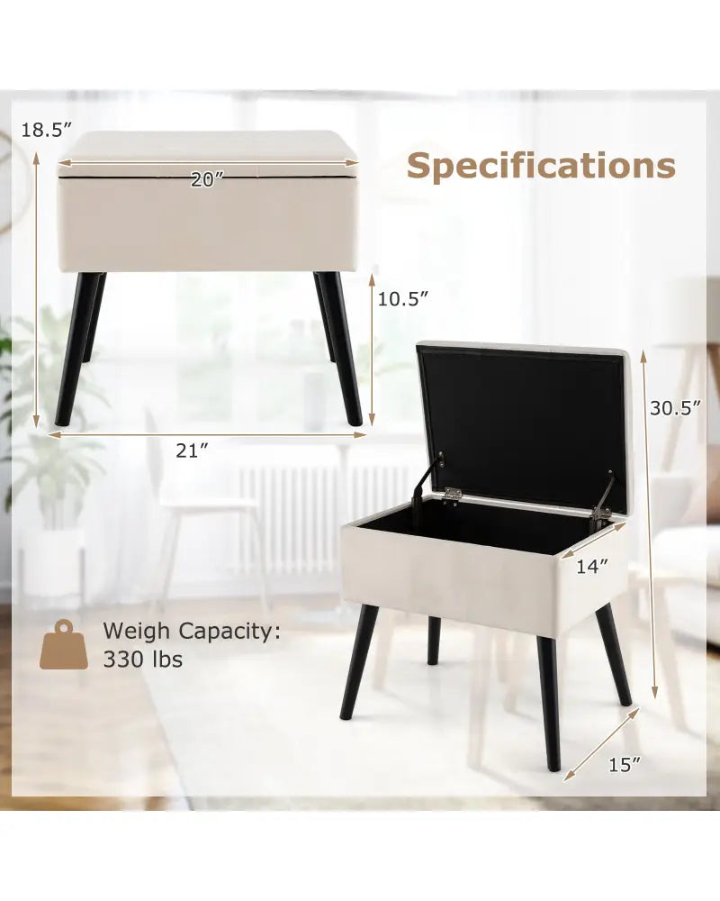 Velvet Storage Ottoman with Solid Wood Legs for Living Room Bedroom-Beige - Beige - Ottomans