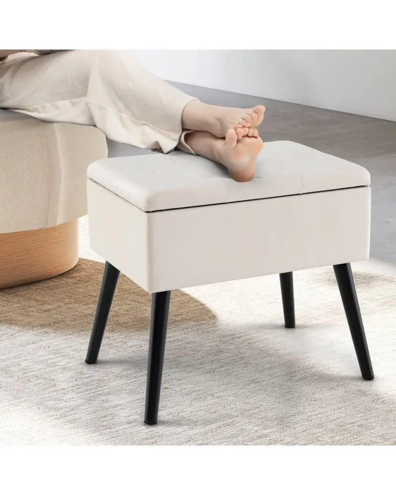 Velvet Storage Ottoman with Solid Wood Legs for Living Room Bedroom-Beige - Beige - Ottomans