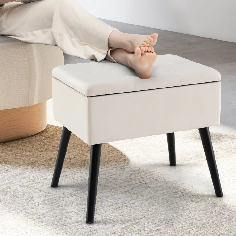 Velvet Storage Ottoman with Solid Wood Legs for Living Room Bedroom-Beige - Beige - Ottomans