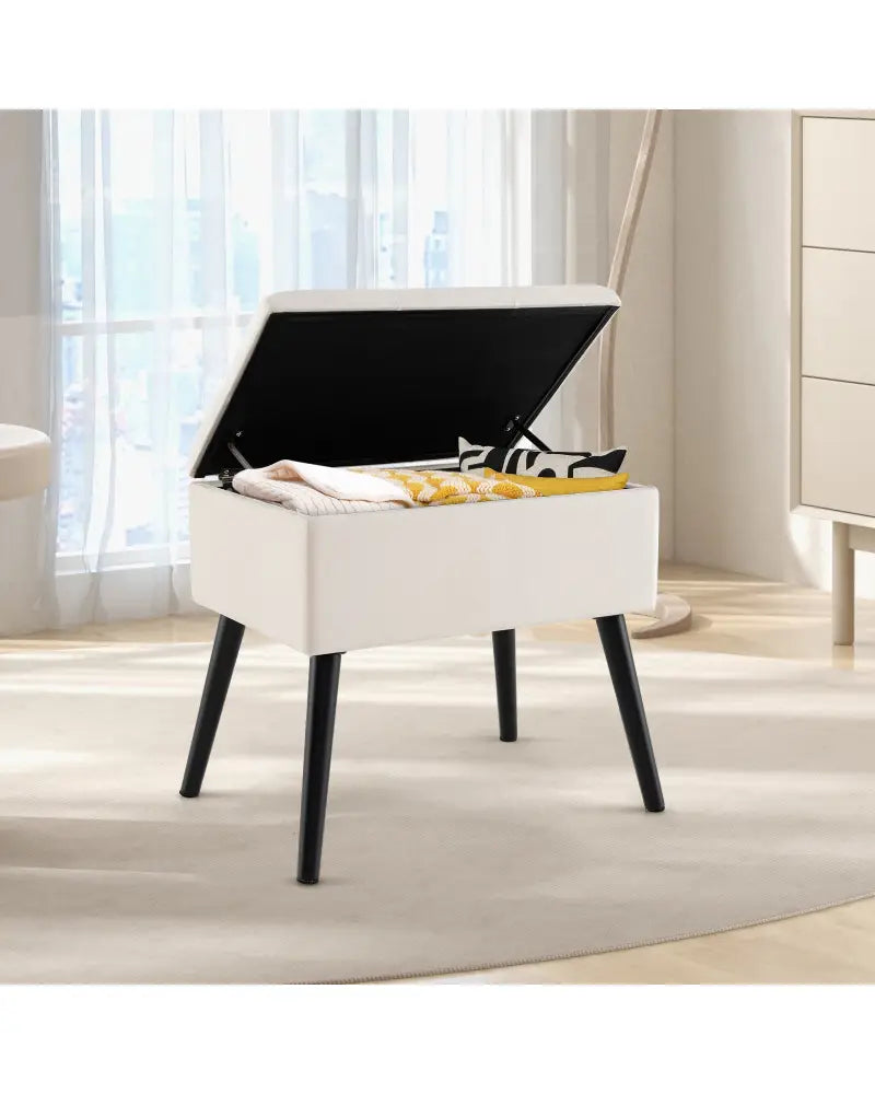 Velvet Storage Ottoman with Solid Wood Legs for Living Room Bedroom-Beige - Beige - Ottomans
