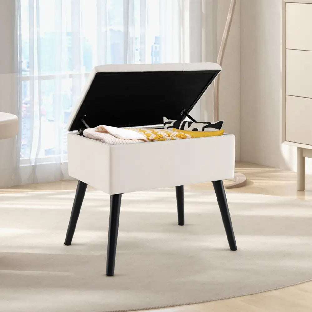 Velvet Storage Ottoman with Solid Wood Legs for Living Room Bedroom-Beige - Beige - Ottomans
