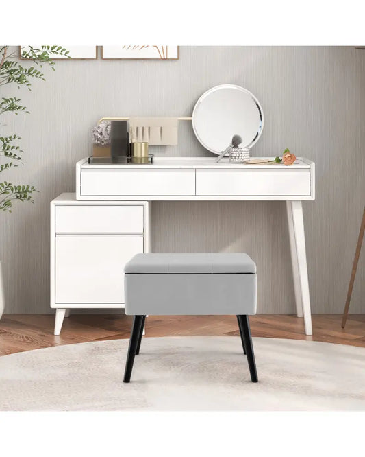 Velvet Storage Ottoman with Solid Wood Legs for Living Room Bedroom-Gray - Gray - Ottomans