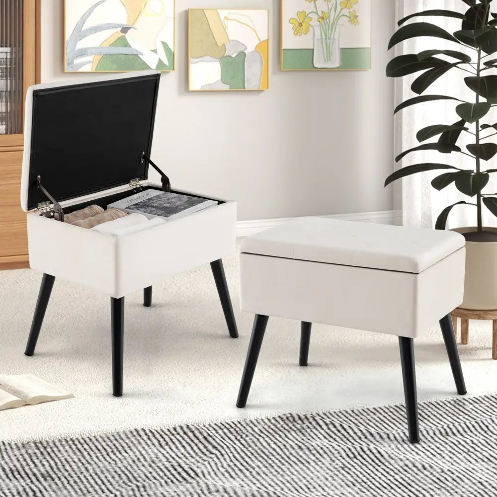 Velvet Storage Ottoman with Solid Wood Legs for Living Room Bedroom-Beige - Beige - Ottomans