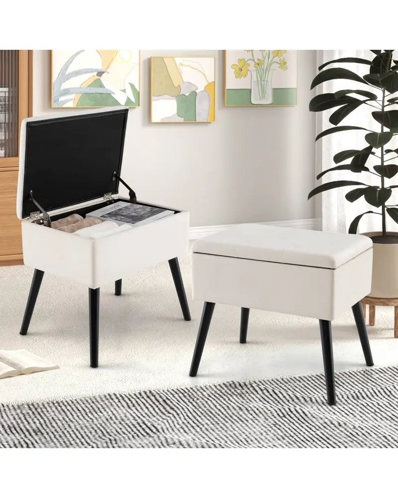 Velvet Storage Ottoman with Solid Wood Legs for Living Room Bedroom-Beige - Beige - Ottomans