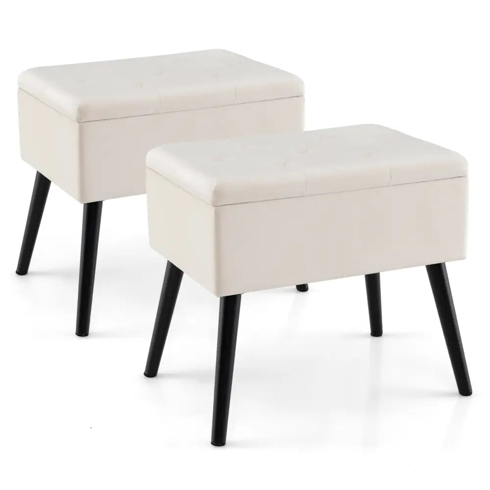 Velvet Storage Ottoman with Solid Wood Legs for Living Room Bedroom-Beige - Beige - Ottomans