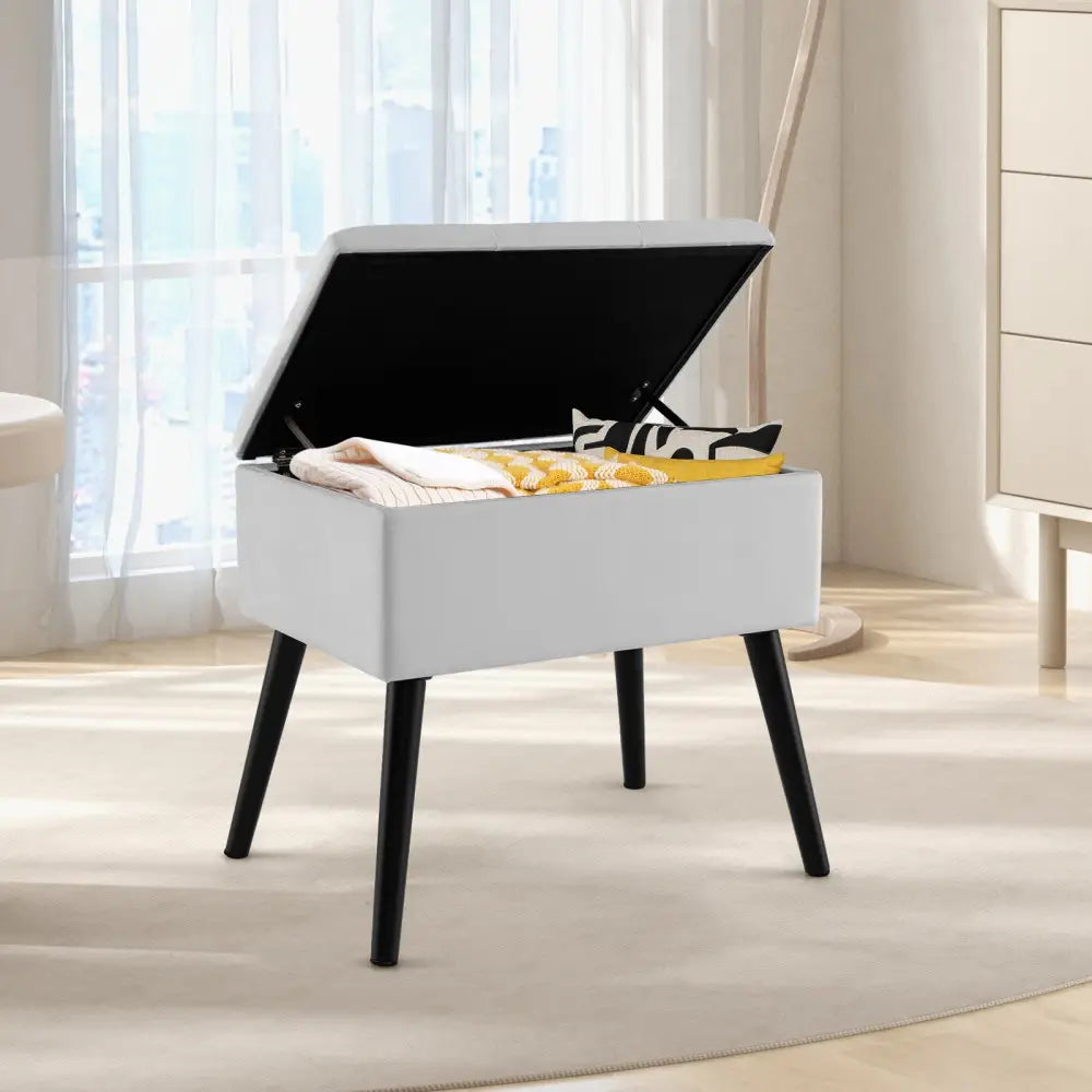 Velvet Storage Ottoman with Solid Wood Legs for Living Room Bedroom-Gray - Gray - Ottomans