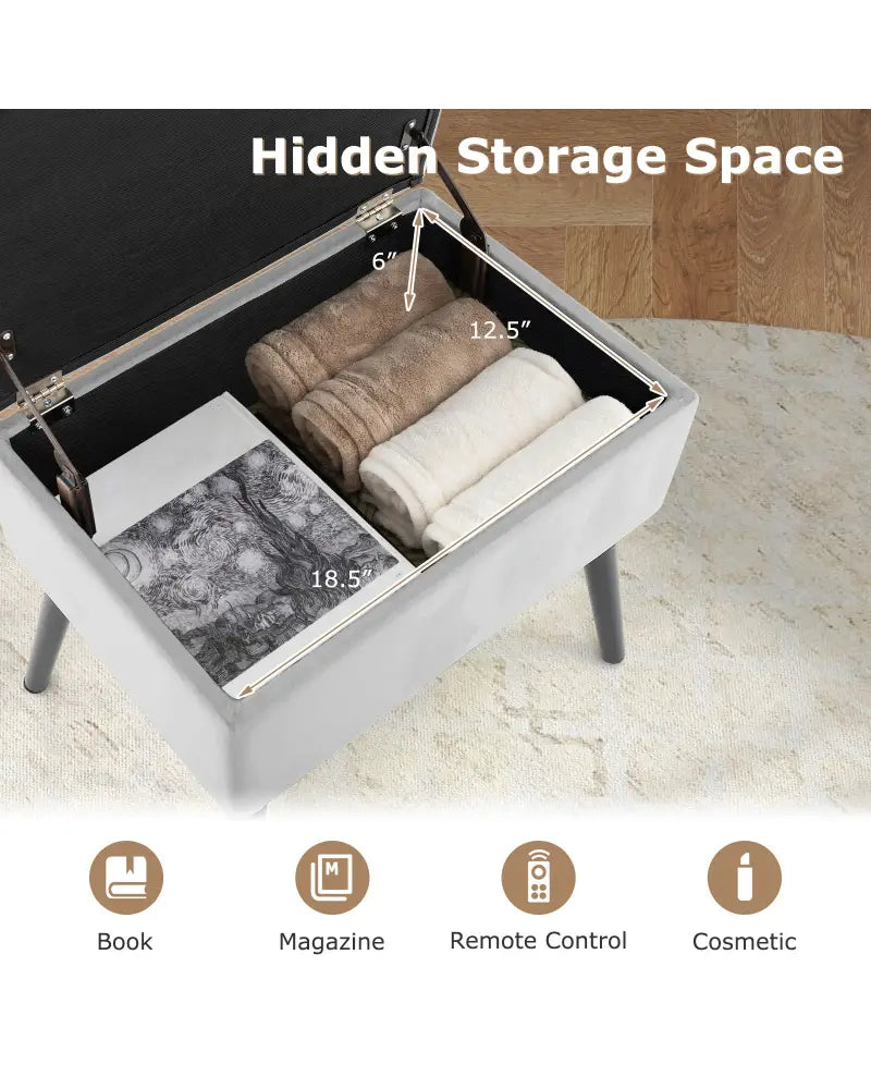 Velvet Storage Ottoman with Solid Wood Legs for Living Room Bedroom-Gray - Gray - Ottomans