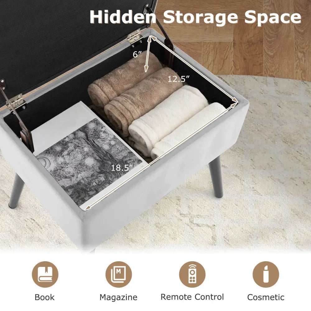 Velvet Storage Ottoman with Solid Wood Legs for Living Room Bedroom-Gray - Gray - Ottomans