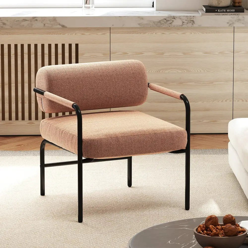 Velvet Upholstered Accent Chair with Cylindrical Backrest and Metal Armrests-Brown - Brown - Accent Chairs