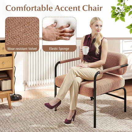 Velvet Upholstered Accent Chair with Cylindrical Backrest and Metal Armrests-Brown - Brown - Accent Chairs