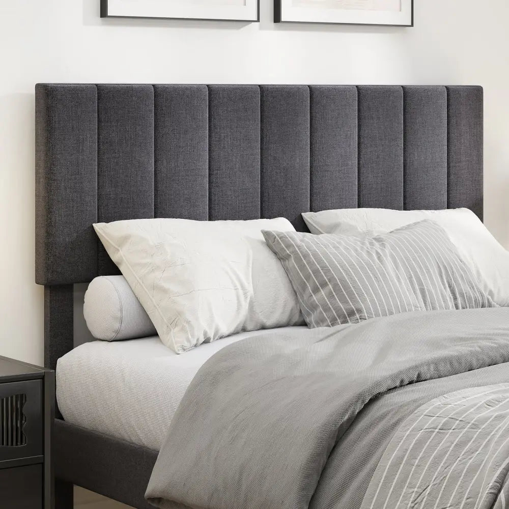 Velvet Upholstered Platform Bed with Height Adjustable Vertical Channel Headboard-Full Size - Beds & Bed Frames