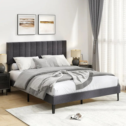 Velvet Upholstered Platform Bed with Height Adjustable Vertical Channel Headboard-Queen Size - Beds & Bed Frames
