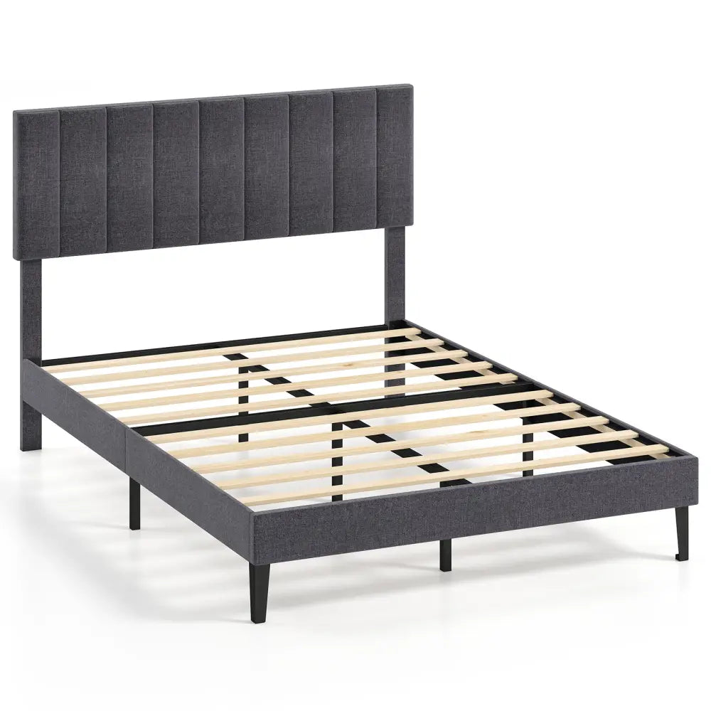 Velvet Upholstered Platform Bed with Height Adjustable Vertical Channel Headboard-Full Size - Beds & Bed Frames