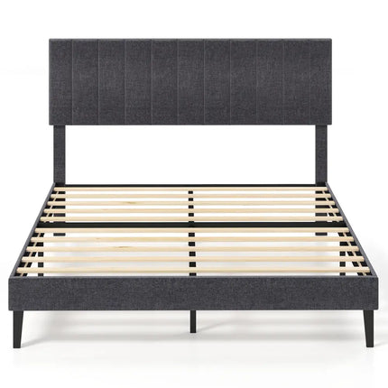 Velvet Upholstered Platform Bed with Height Adjustable Vertical Channel Headboard-Queen Size - Beds & Bed Frames